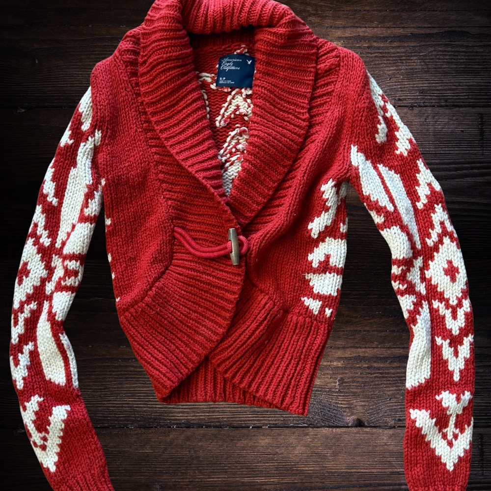 AE Cozy Red Fair Isle Shawl Cardigan – Winter Knit
